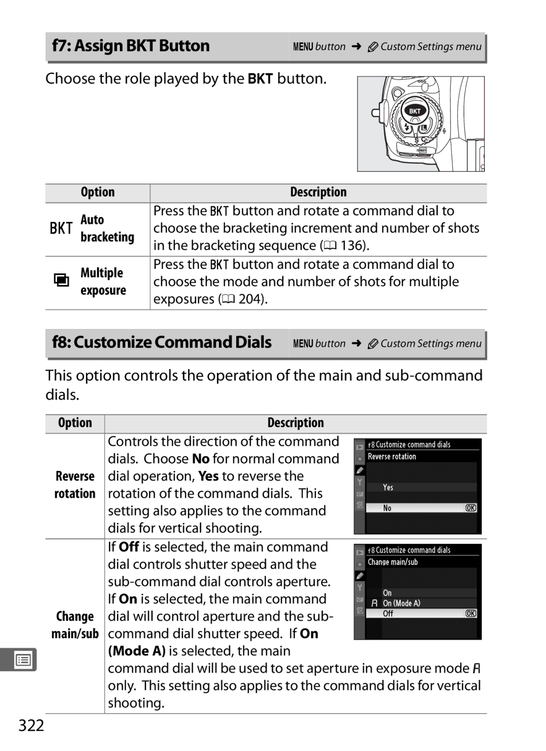 Nikon 6MB07411-03 user manual F7 Assign BKT Button, F8 Customize Command Dials Gbutton ACustom Settings menu, 322 