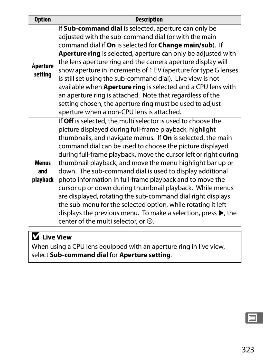 Nikon 6MB07411-03 user manual 323, Live View 