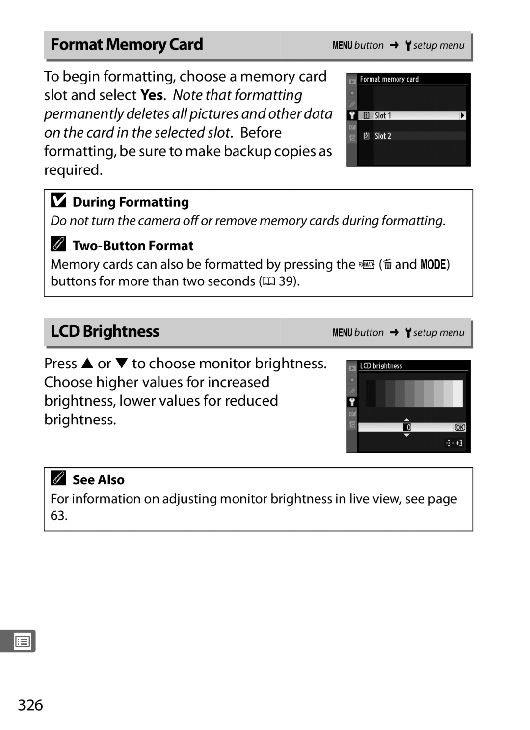 Nikon 6MB07411-03 user manual Format Memory Card, LCD Brightness, 326, During Formatting, Two-Button Format 