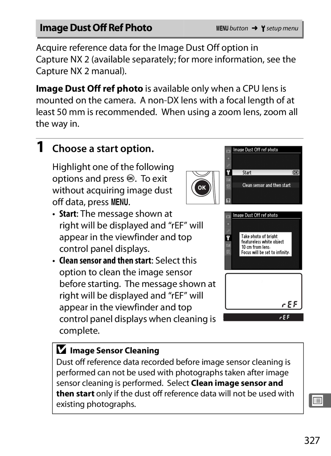 Nikon 6MB07411-03 user manual Image Dust Off Ref Photo, Choose a start option, 327, Image Sensor Cleaning 