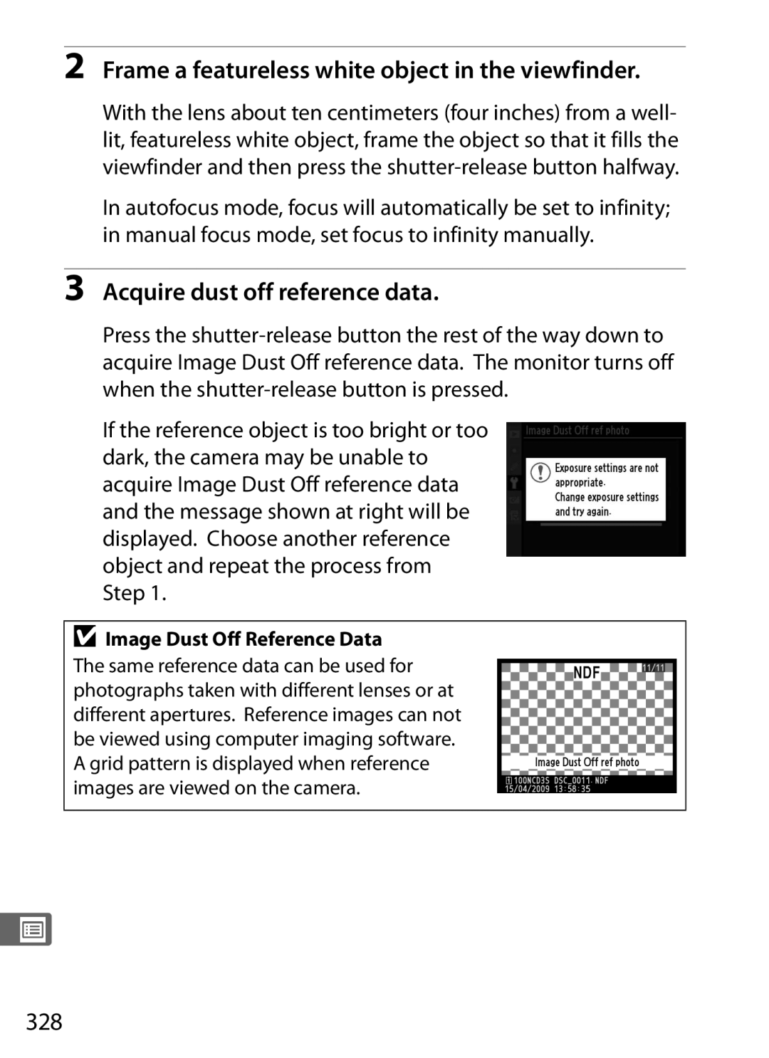 Nikon 6MB07411-03 user manual Frame a featureless white object in the viewfinder, Acquire dust off reference data, 328 