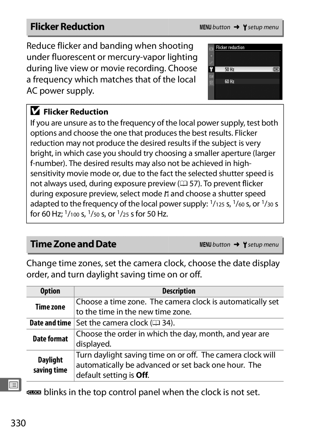 Nikon 6MB07411-03 Flicker Reduction, Time Zone and Date, 330, Bblinks in the top control panel when the clock is not set 