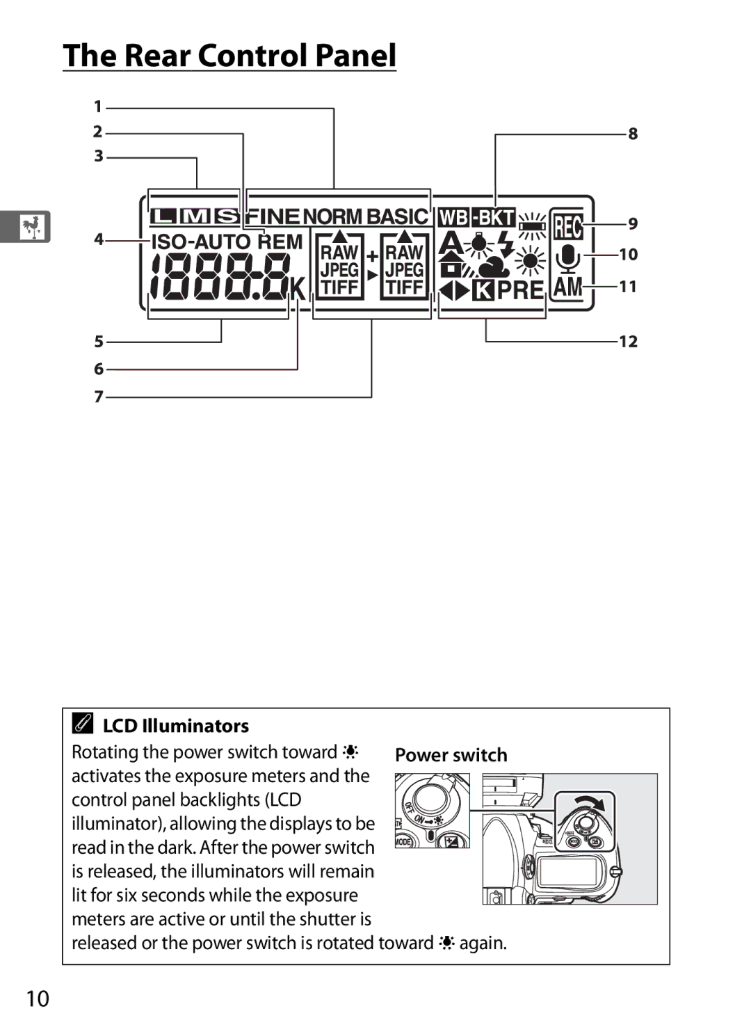 Nikon 6MB07411-03 user manual Rear Control Panel, LCD Illuminators, Released or the power switch is rotated toward D again 