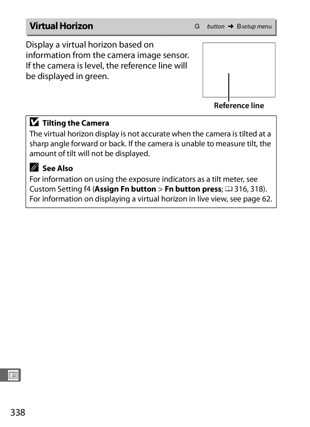 Nikon 6MB07411-03 user manual Virtual Horizon, 338, Reference line Tilting the Camera 