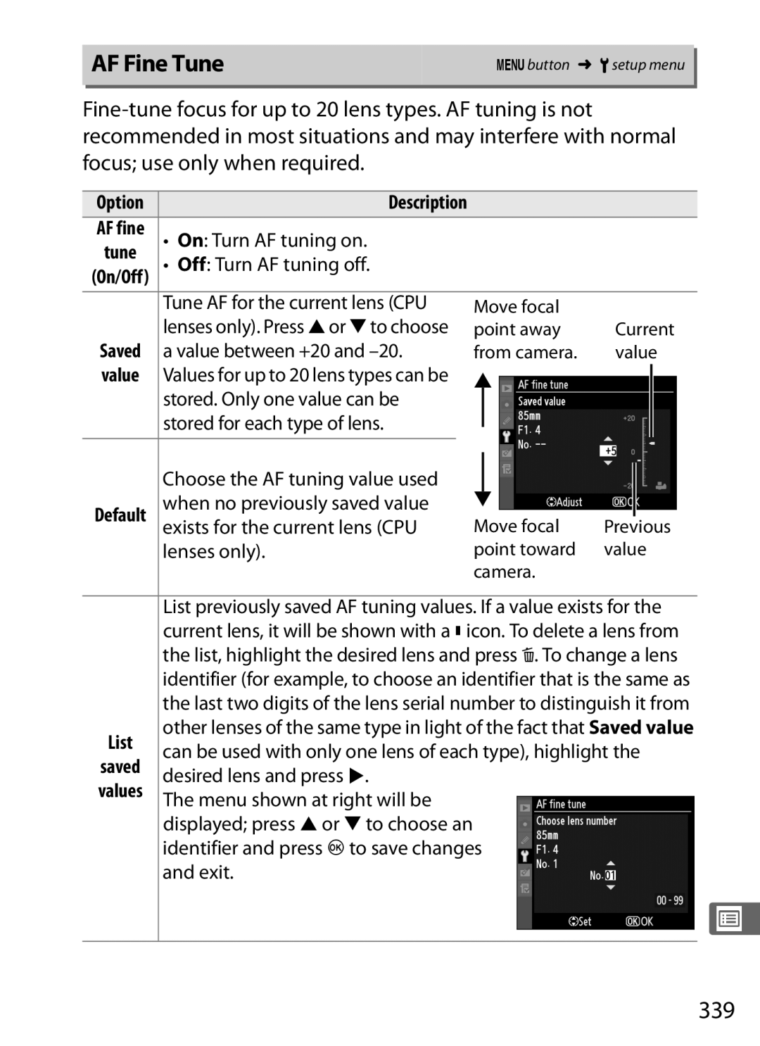 Nikon 6MB07411-03 user manual AF Fine Tune, 339, Value 