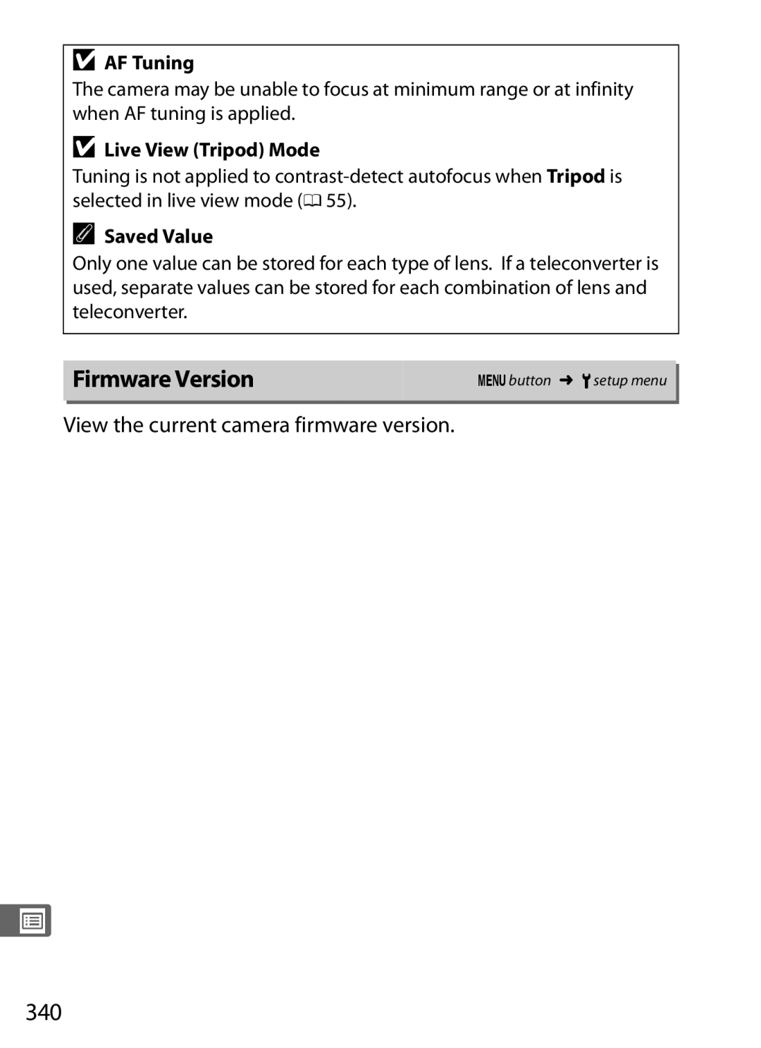 Nikon 6MB07411-03 user manual Firmware Version, 340, View the current camera firmware version 