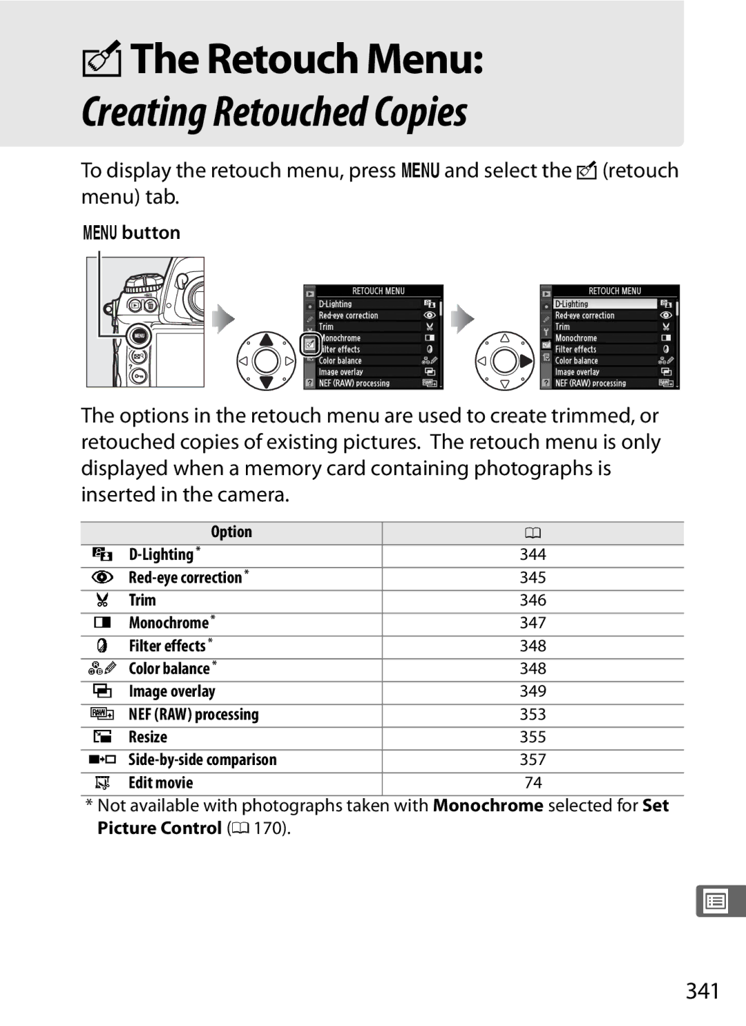 Nikon 6MB07411-03 user manual NThe Retouch Menu, 341 