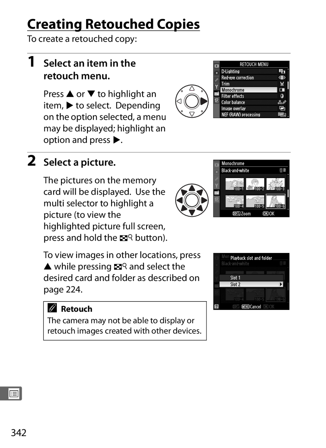 Nikon 6MB07411-03 Creating Retouched Copies, Select an item in the retouch menu, 342, To create a retouched copy 