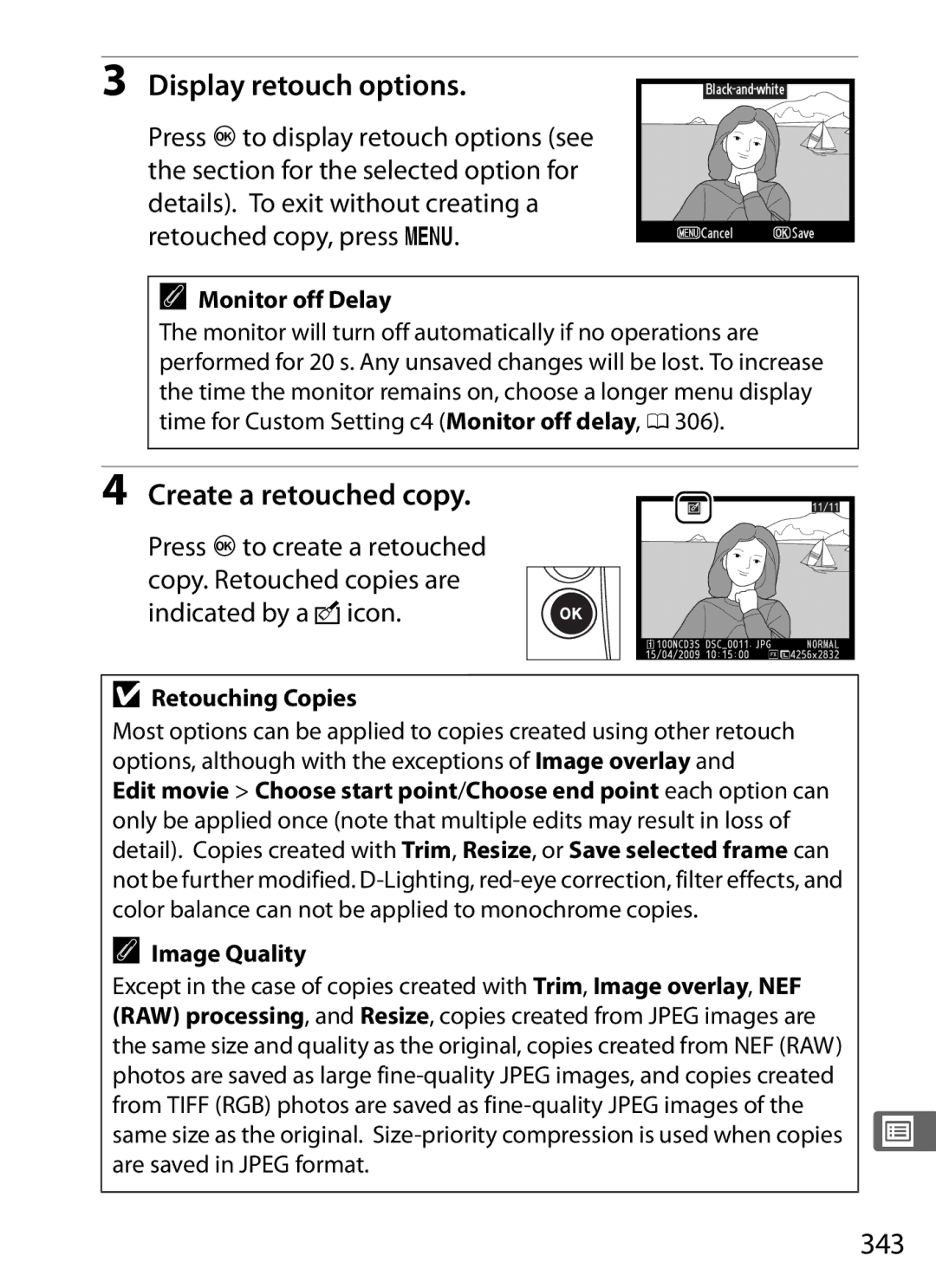 Nikon 6MB07411-03 user manual Display retouch options, Create a retouched copy, 343, Monitor off Delay, Retouching Copies 