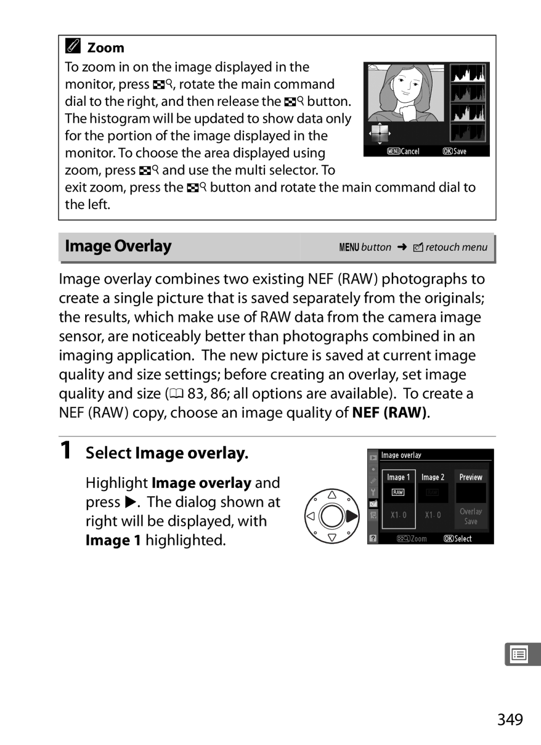 Nikon 6MB07411-03 user manual Image Overlay, Select Image overlay, 349, Highlight Image overlay, Zoom 