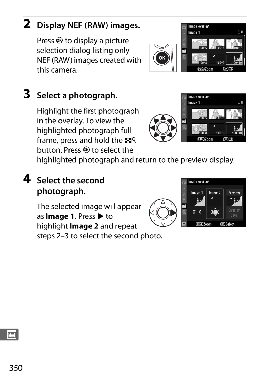 Nikon 6MB07411-03 user manual Display NEF RAW images, Select a photograph, 350, Select the second photograph 