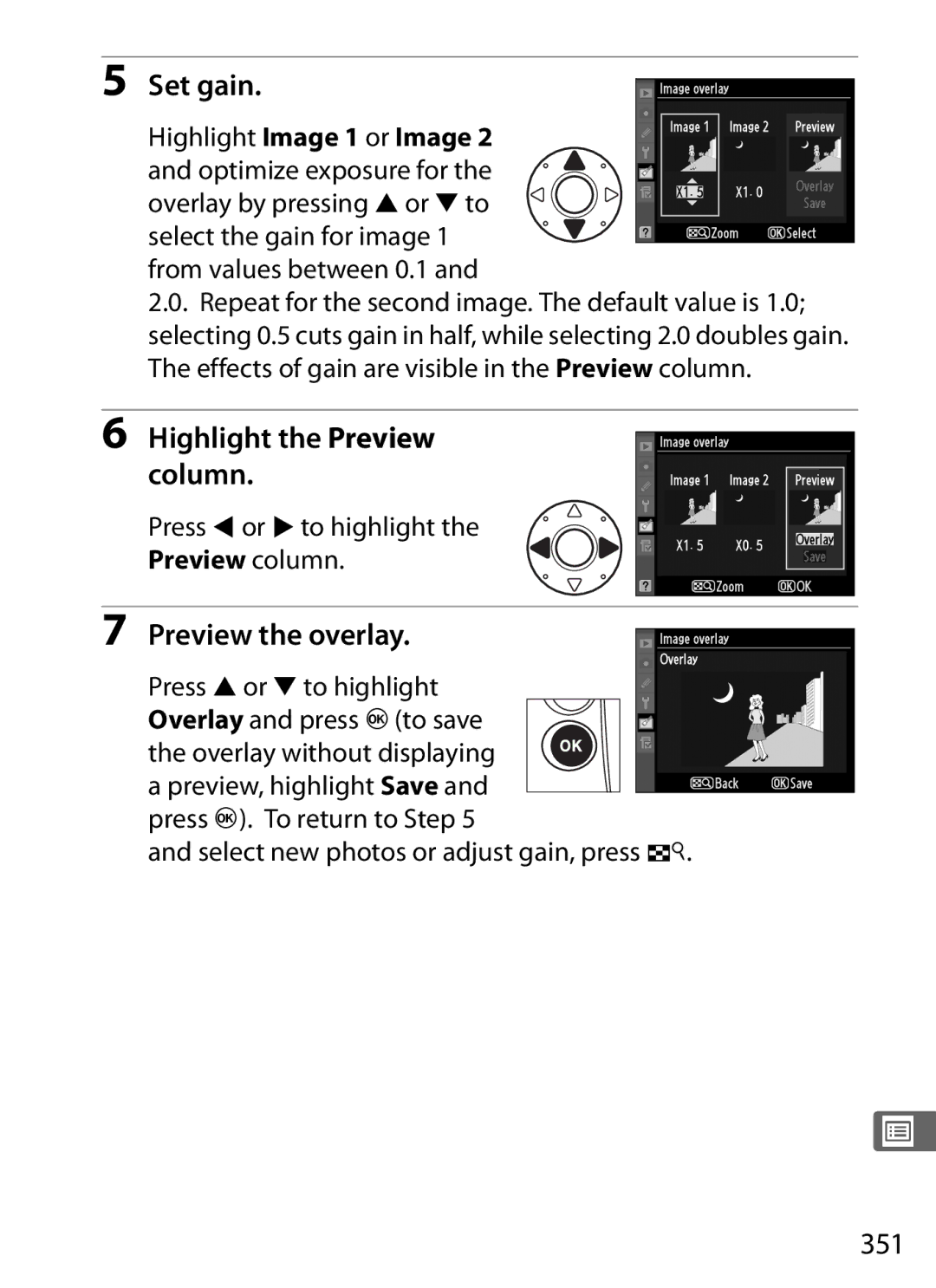 Nikon 6MB07411-03 user manual Set gain, Highlight the Preview column, Preview the overlay, 351 