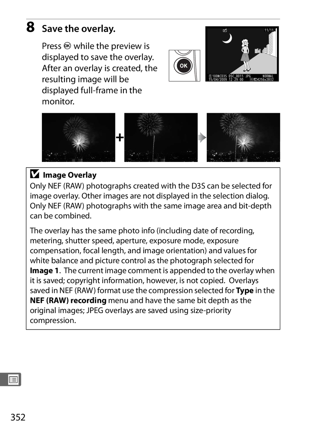 Nikon 6MB07411-03 user manual Save the overlay, 352, Image Overlay 