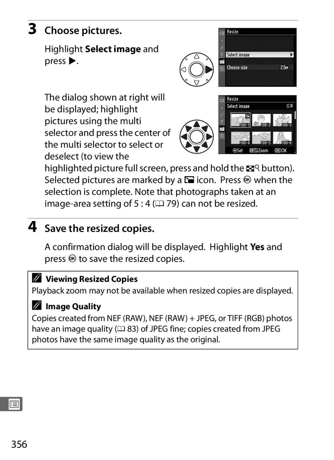 Nikon 6MB07411-03 user manual Choose pictures, Save the resized copies, 356, Highlight Select image and press 