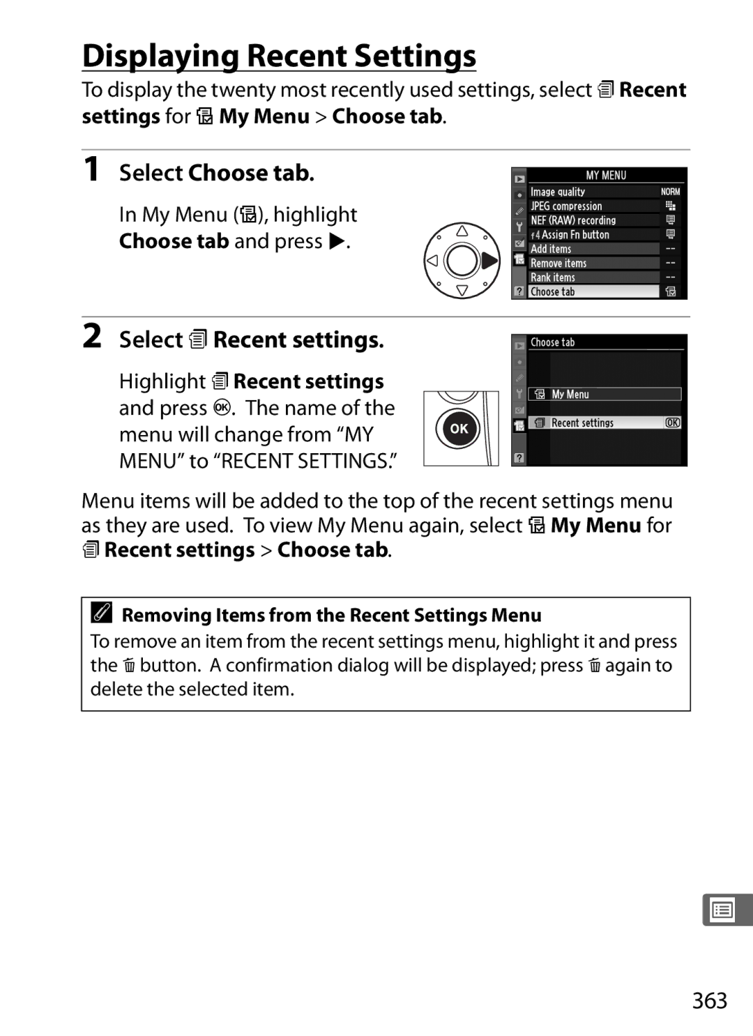 Nikon 6MB07411-03 user manual Displaying Recent Settings, Select Choose tab, Select m Recent settings, 363 