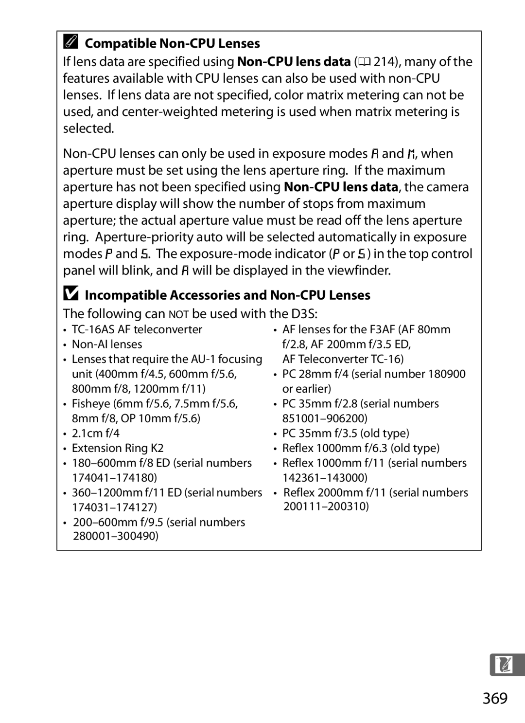 Nikon 6MB07411-03 user manual 369, Compatible Non-CPU Lenses 