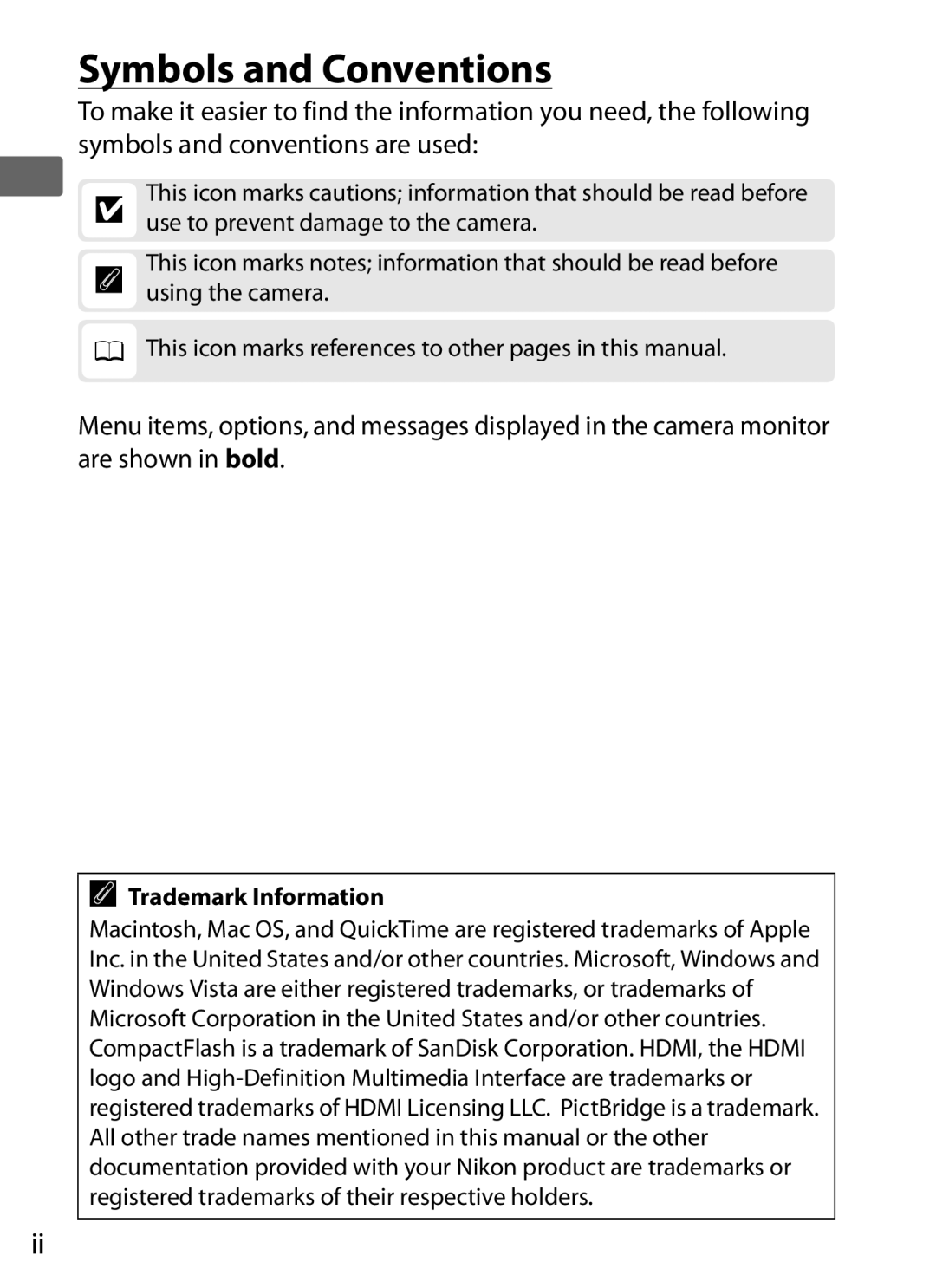 Nikon 6MB07411-03 user manual Symbols and Conventions, Trademark Information 