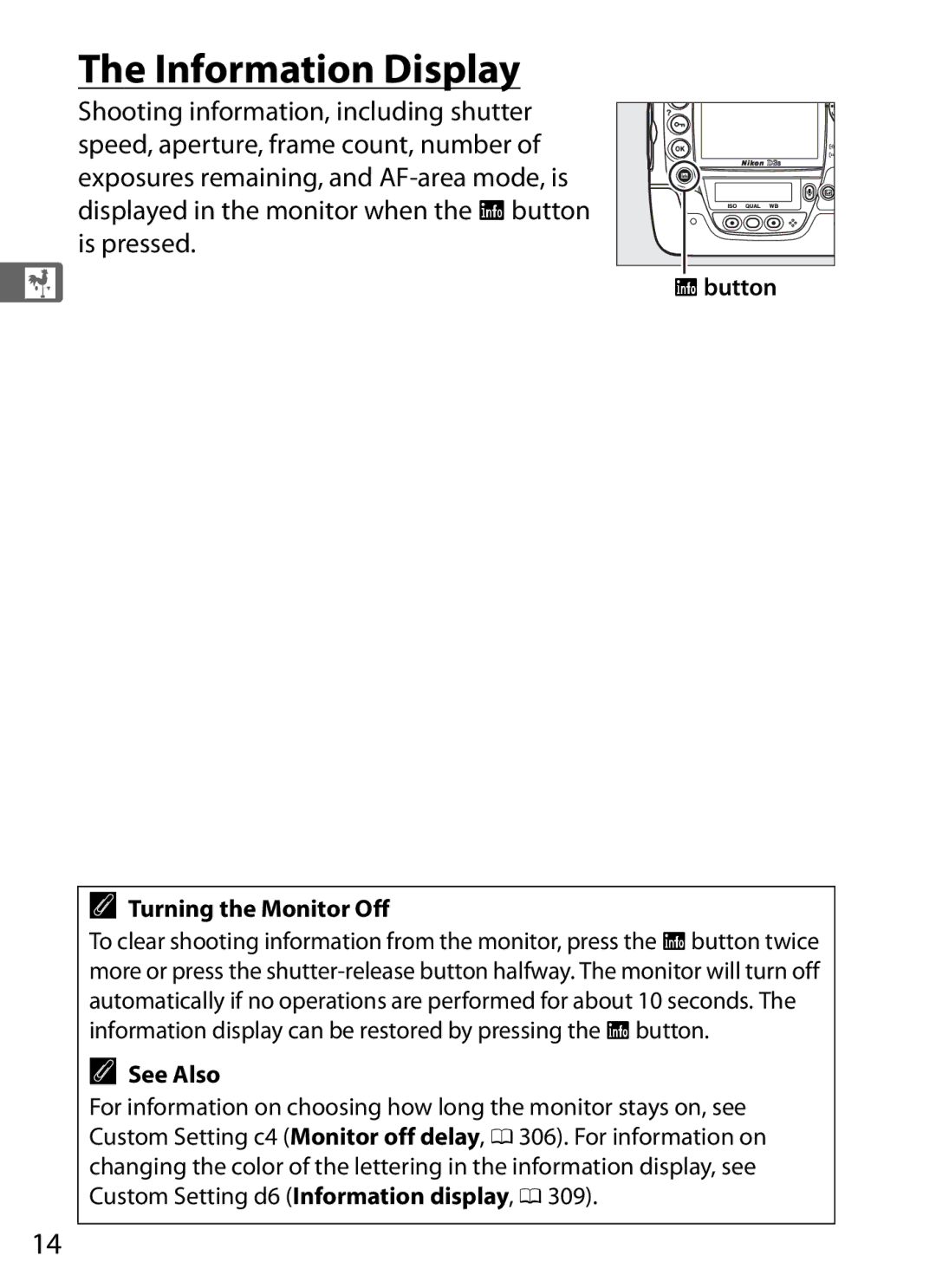 Nikon 6MB07411-03 user manual Information Display, Button Turning the Monitor Off, See Also 