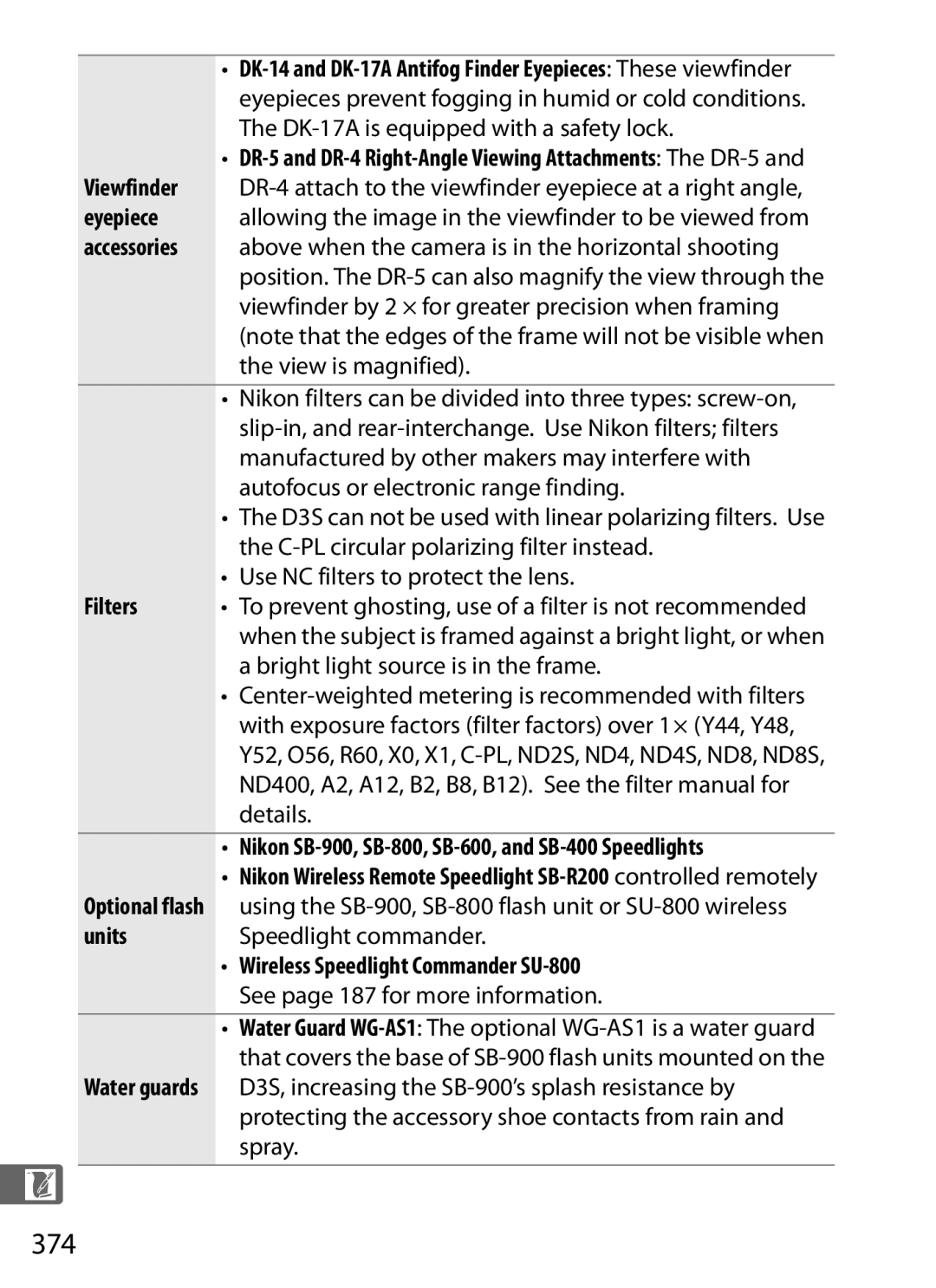 Nikon 6MB07411-03 user manual 374, Filters, Nikon SB-900, SB-800, SB-600, and SB-400 Speedlights, Units 