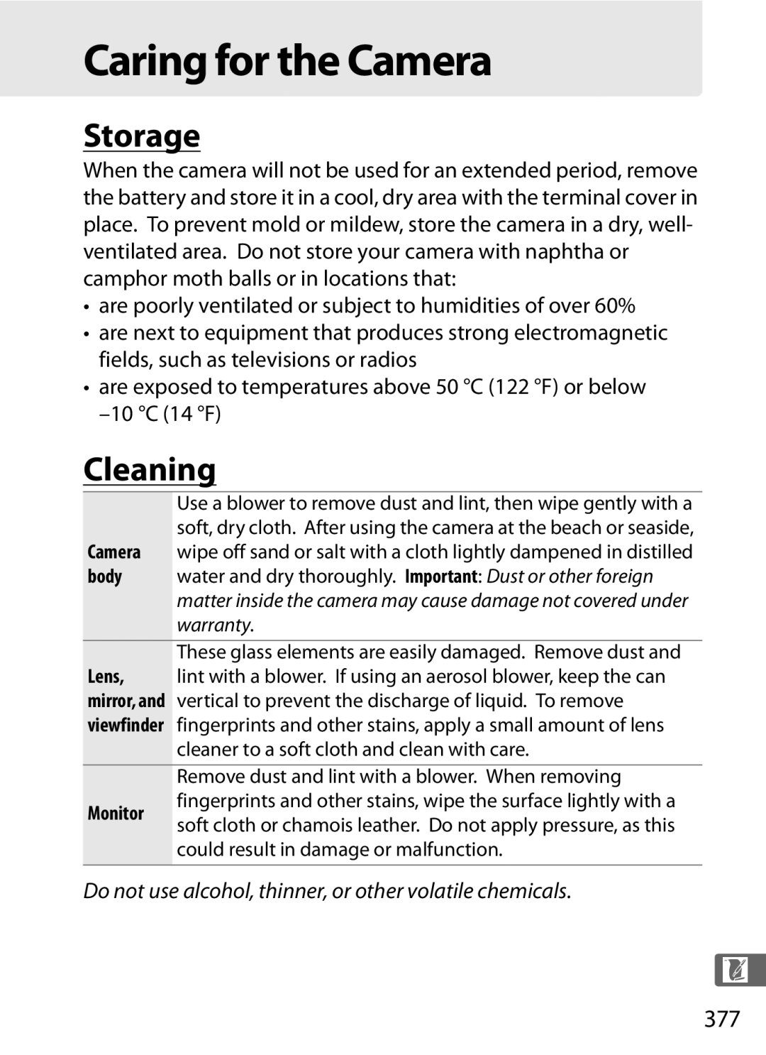 Nikon 6MB07411-03 user manual Caring for the Camera, Storage, Cleaning, 377, Monitor 