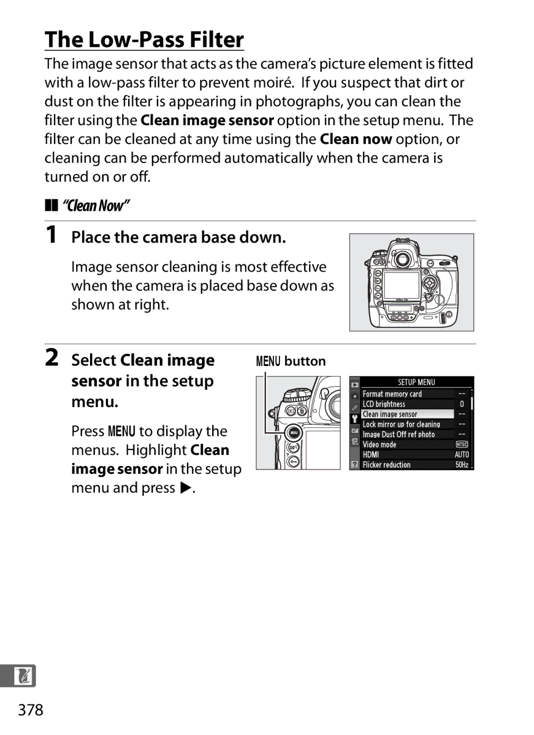 Nikon 6MB07411-03 Low-Pass Filter, Place the camera base down, Select Clean image, Sensor in the setup Menu, 378 