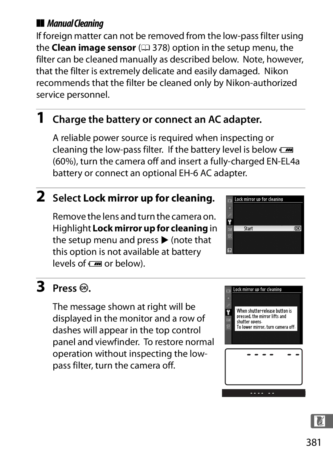 Nikon 6MB07411-03 user manual Charge the battery or connect an AC adapter, Select Lock mirror up for cleaning, 381 