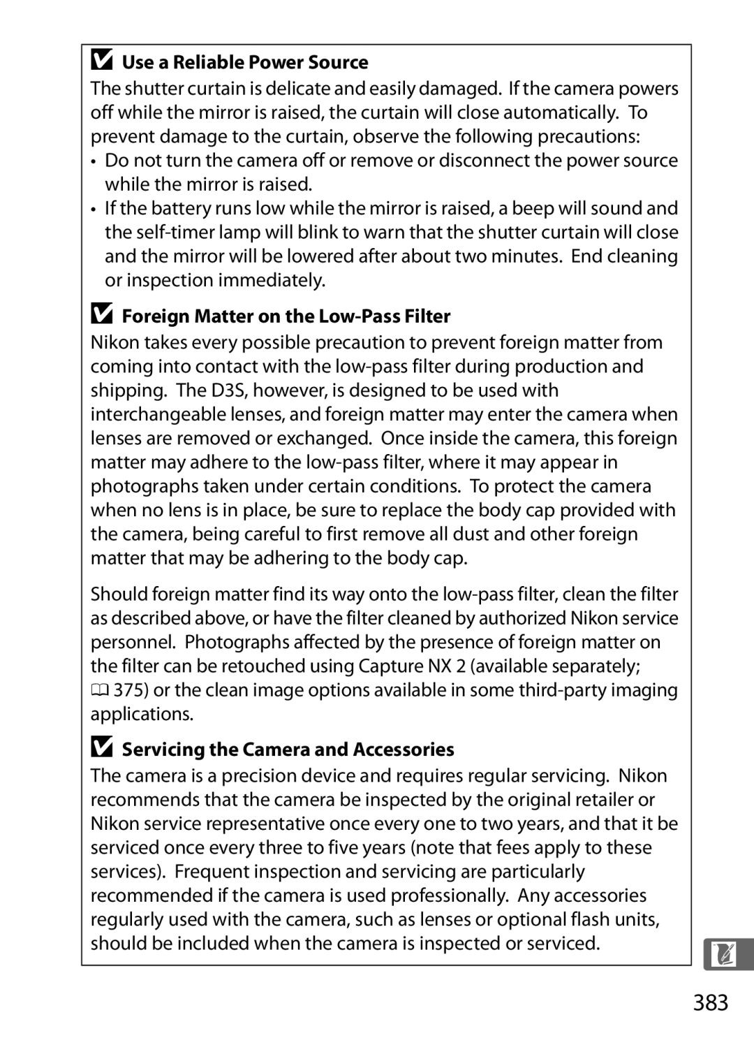 Nikon 6MB07411-03 user manual 383, Use a Reliable Power Source, Foreign Matter on the Low-Pass Filter 