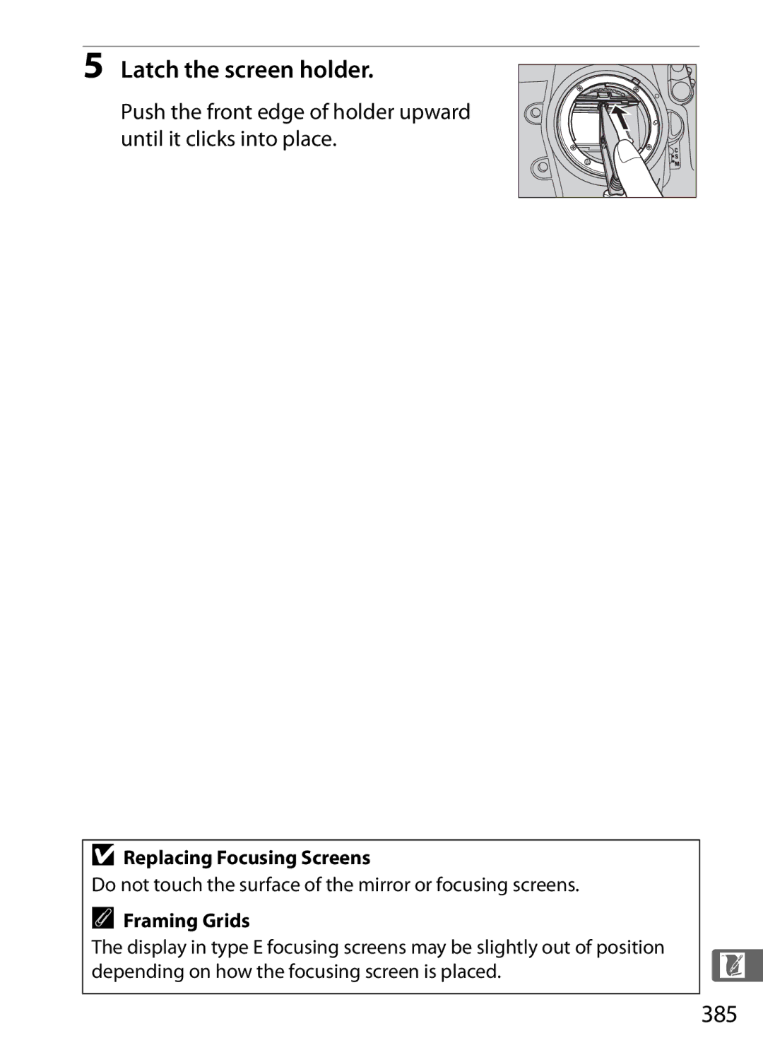 Nikon 6MB07411-03 user manual Latch the screen holder, 385, Replacing Focusing Screens, Framing Grids 