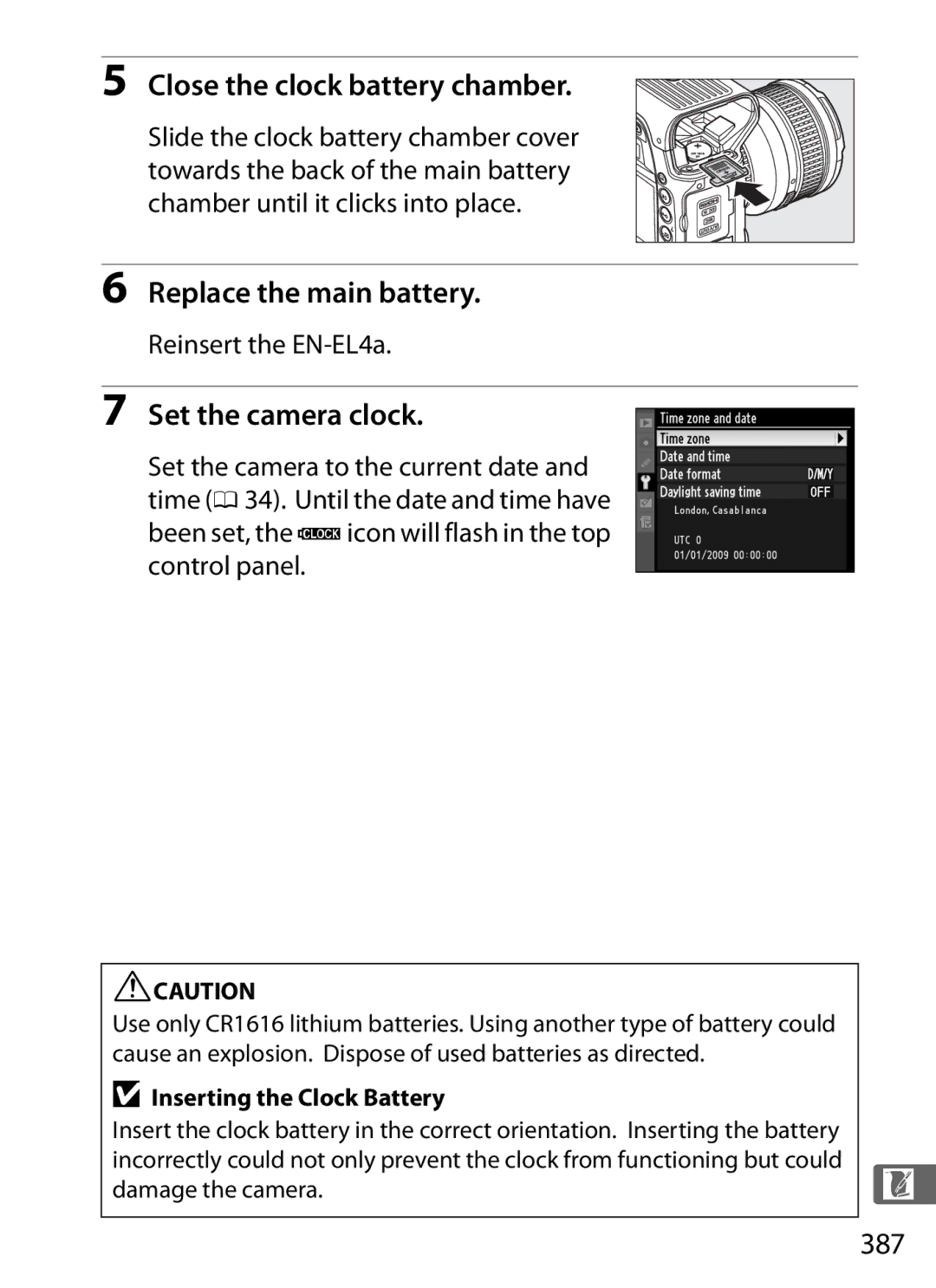 Nikon 6MB07411-03 user manual Close the clock battery chamber, Replace the main battery, Set the camera clock, 387 