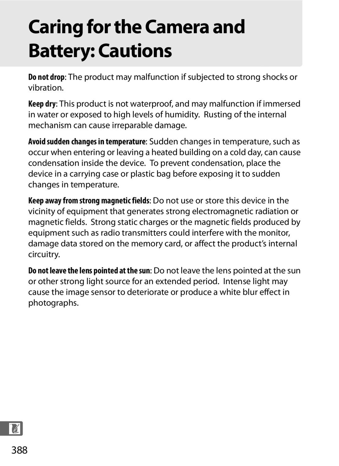 Nikon 6MB07411-03 user manual Caring for the Camera Battery Cautions, 388 