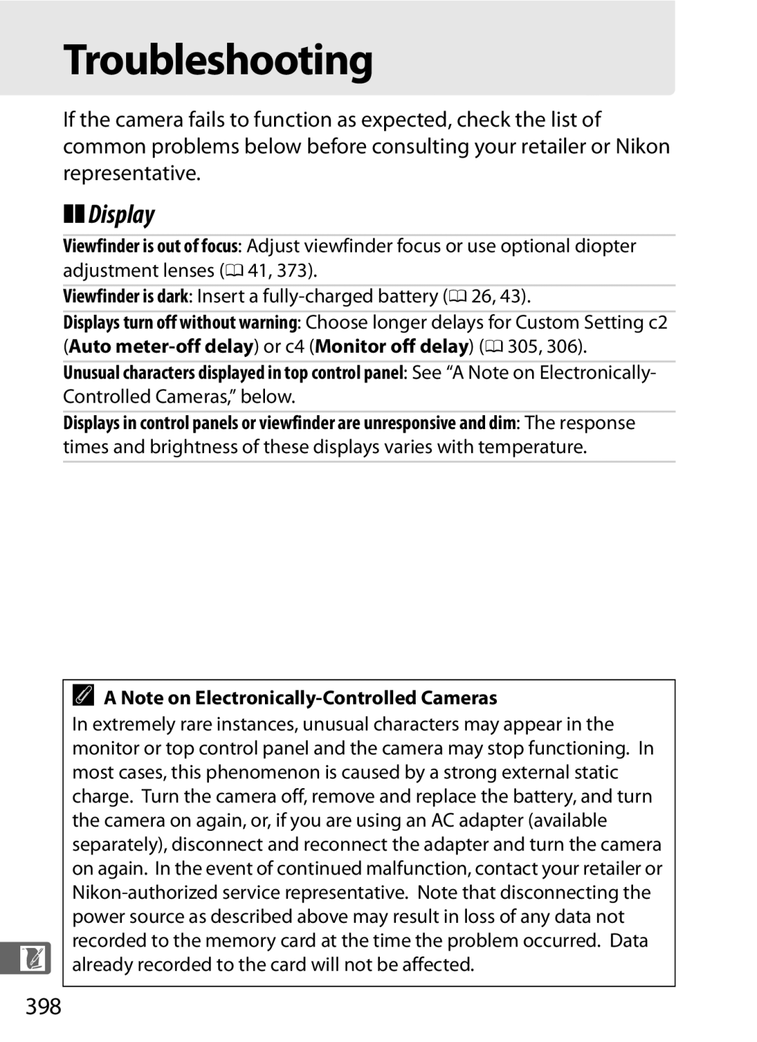 Nikon 6MB07411-03 user manual Troubleshooting, Display, 398 