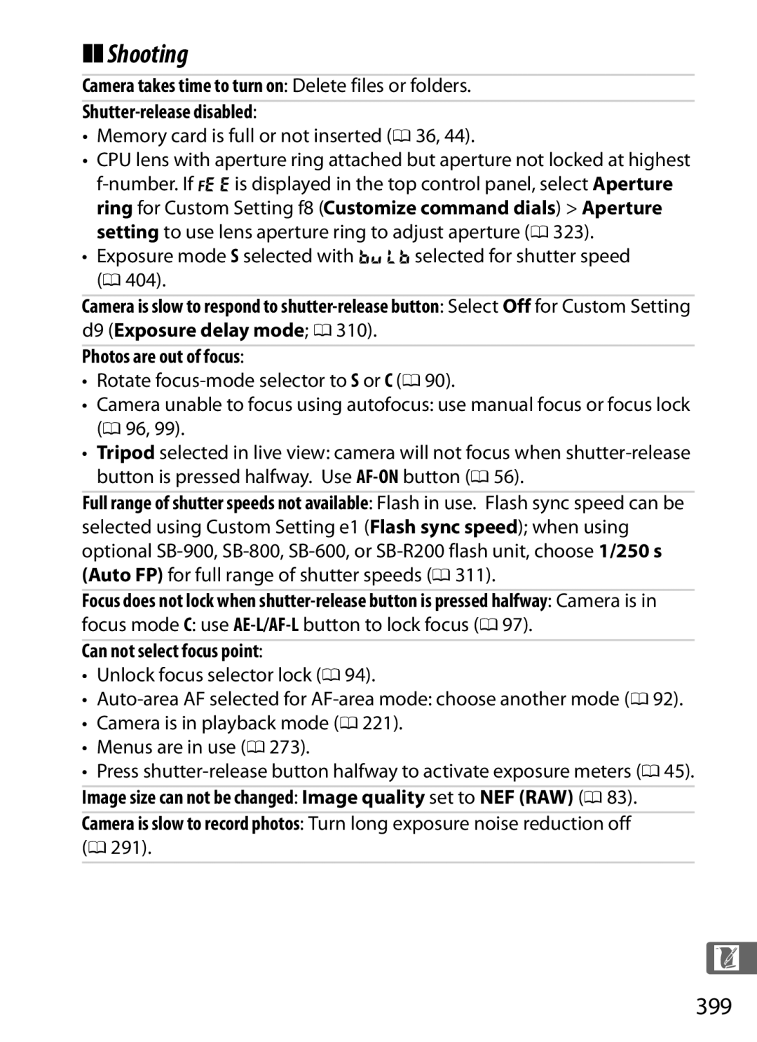 Nikon 6MB07411-03 user manual Shooting, 399, Can not select focus point 