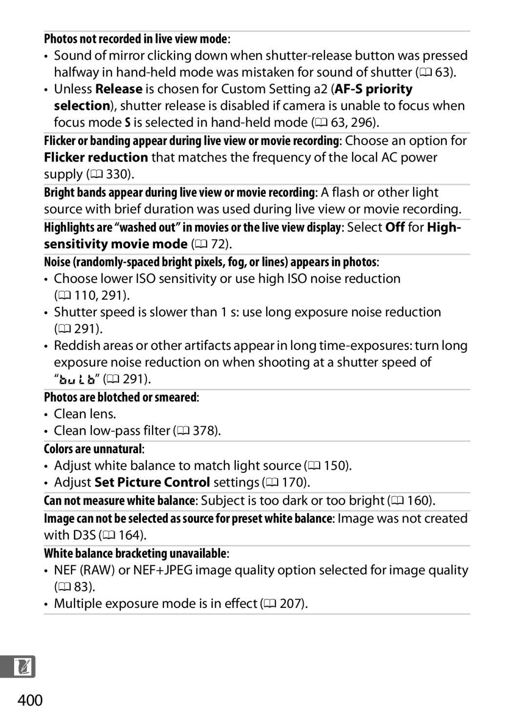 Nikon 6MB07411-03 user manual 400, Photos not recorded in live view mode, Photos are blotched or smeared 