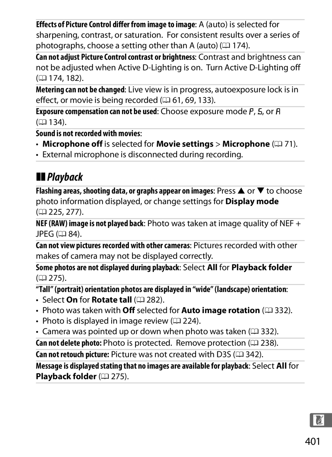 Nikon 6MB07411-03 user manual Playback, 401, External microphone is disconnected during recording, 225 