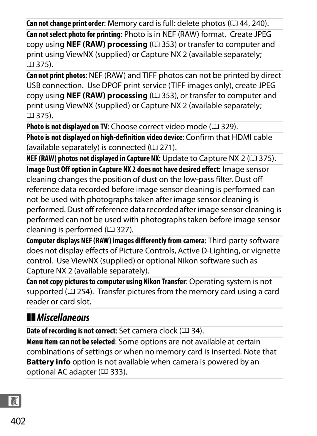 Nikon 6MB07411-03 user manual Miscellaneous, 402, 375, Date of recording is not correct Set camera clock 0 