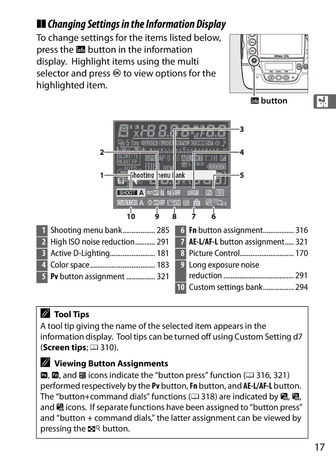 Nikon 6MB07411-03 user manual Changing Settings in the Information Display, Rbutton, Long exposure noise, Tool Tips 