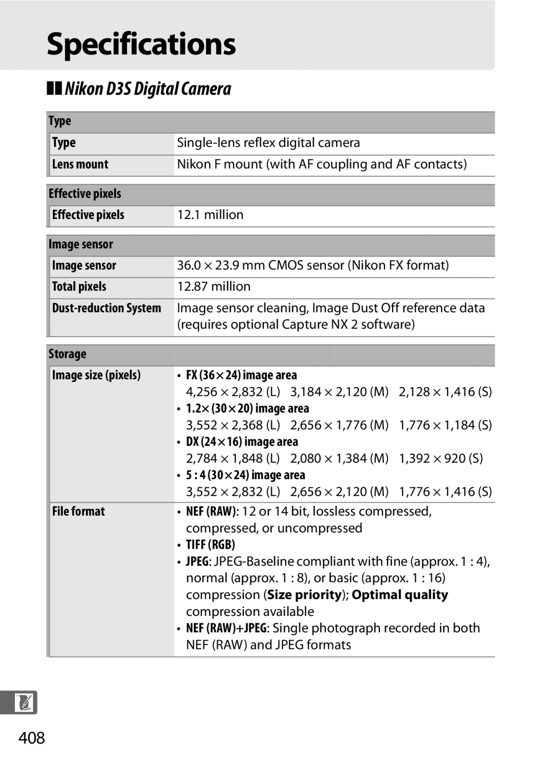 Nikon 6MB07411-03 user manual Specifications, Nikon D3S Digital Camera, 408, Type 