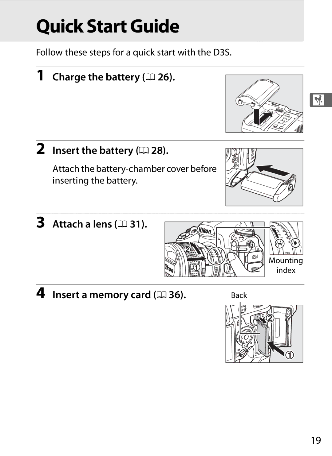 Nikon 6MB07411-03 Quick Start Guide, Charge the battery 0 Insert the battery 0, Attach a lens 0, Insert a memory card 0 