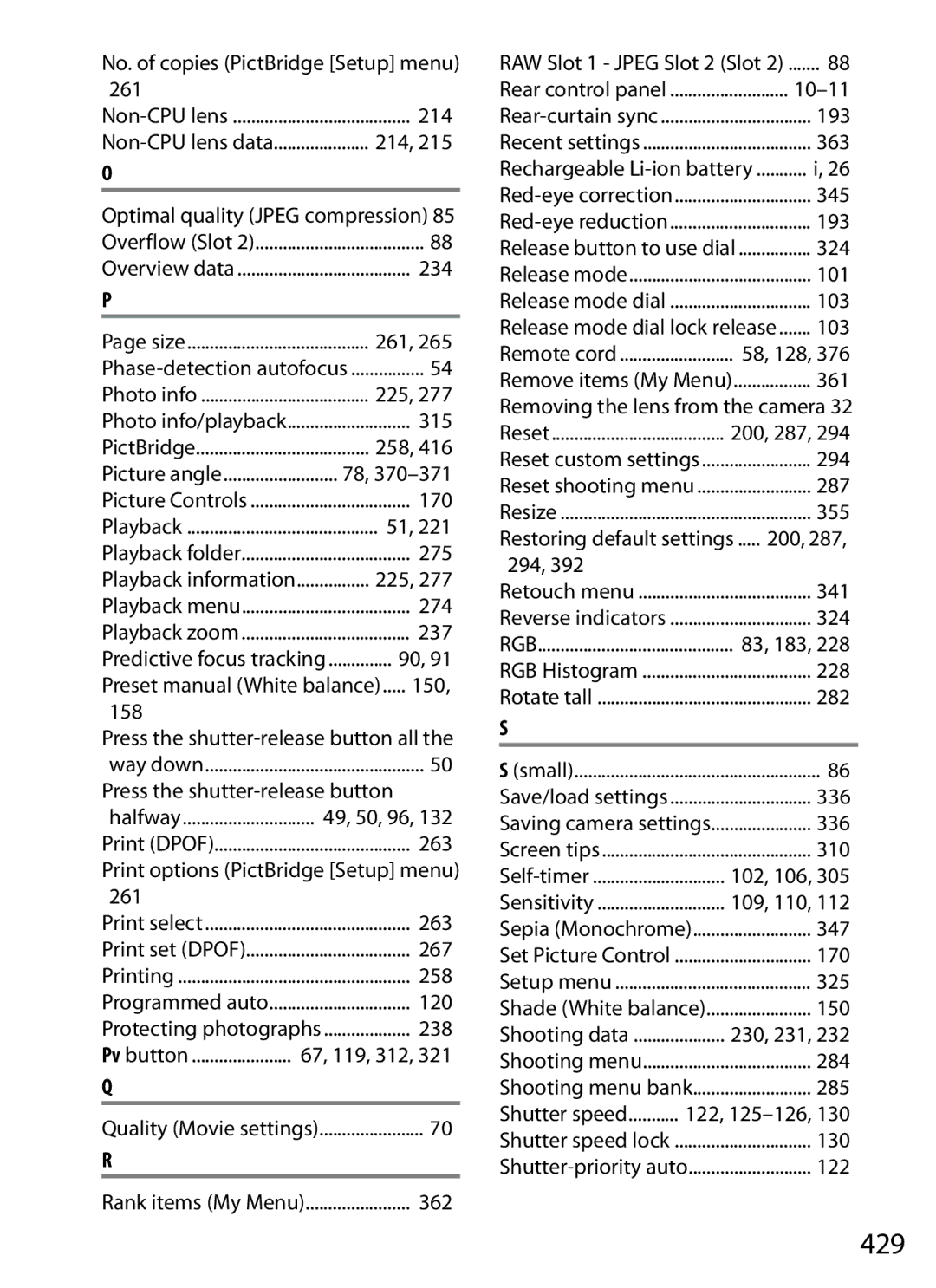 Nikon 6MB07411-03 user manual 429, Print options PictBridge Setup menu 261 