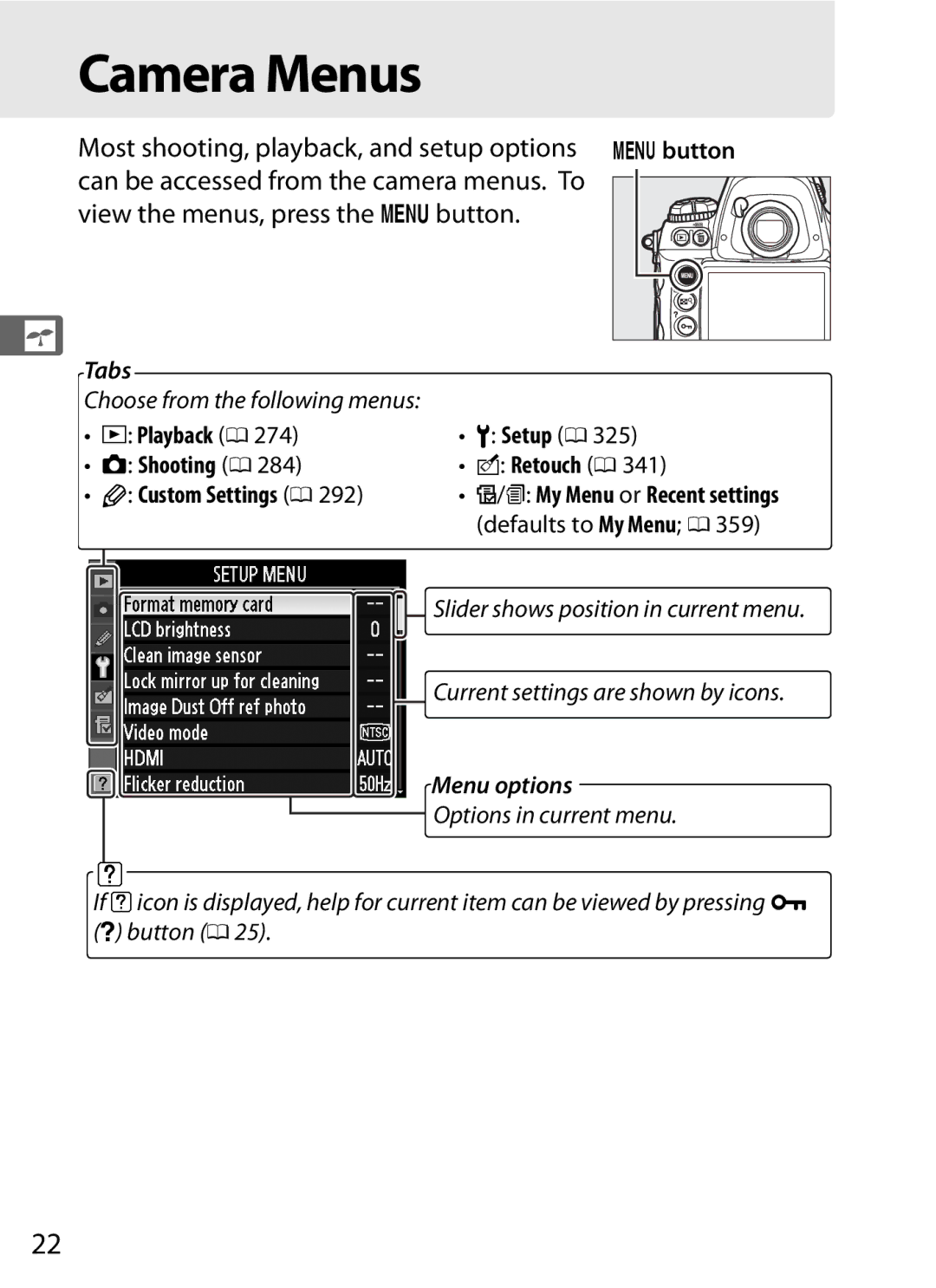 Nikon 6MB07411-03 Camera Menus, Playback 0, Setup 0, Shooting 0 Retouch 0 Custom Settings 0, Defaults to My Menu 0 