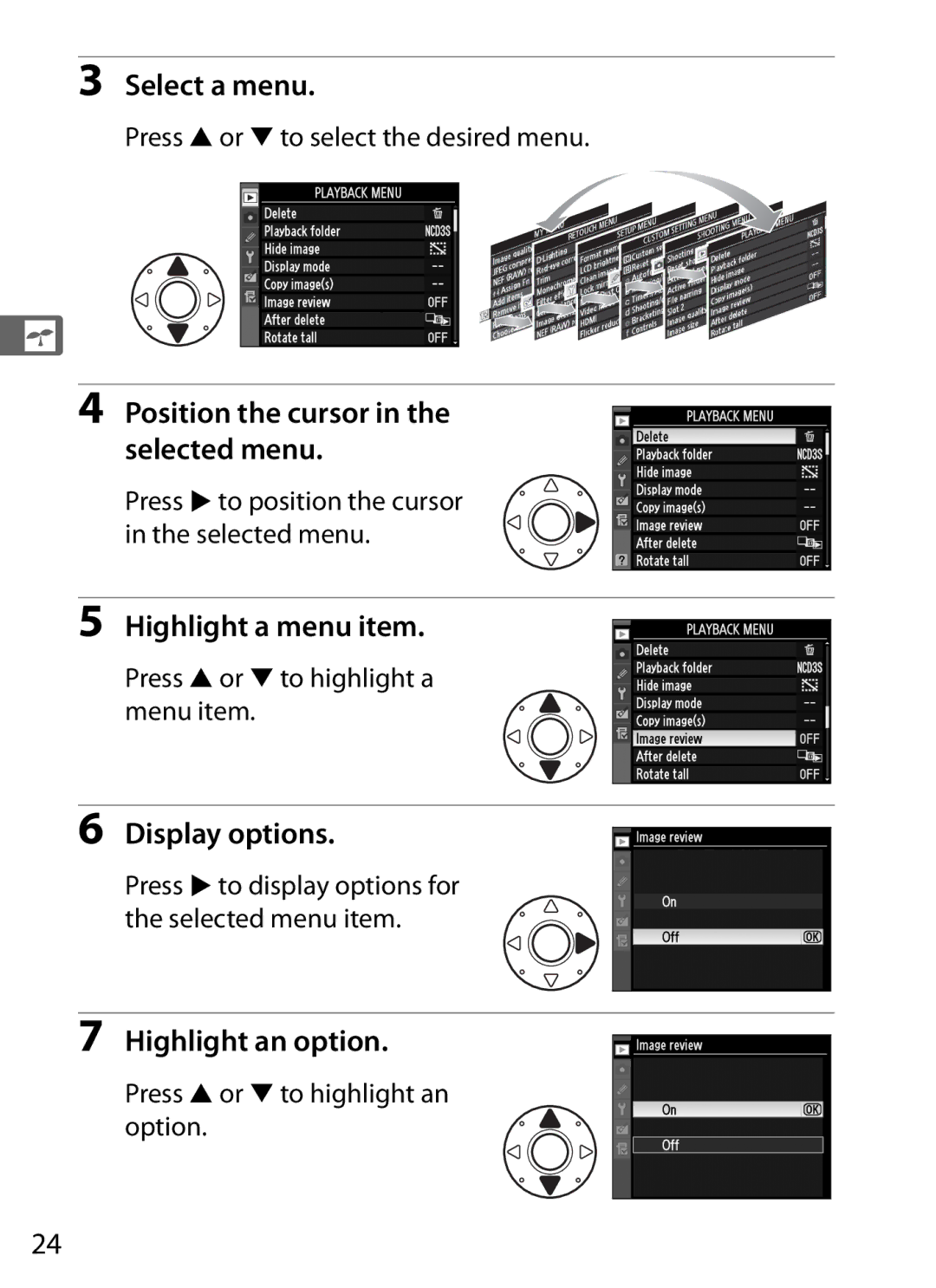 Nikon 6MB07411-03 Select a menu, Position the cursor in the selected menu, Highlight a menu item, Display options 