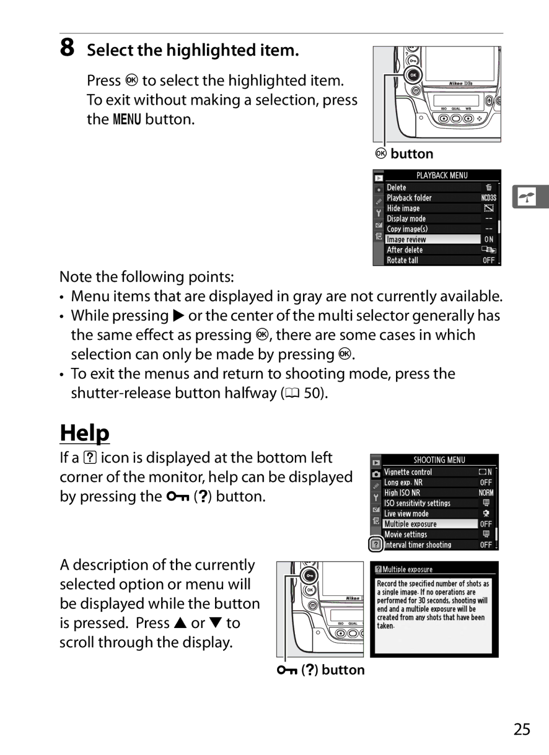 Nikon 6MB07411-03 user manual Help, Select the highlighted item, Jbutton, LQ button 