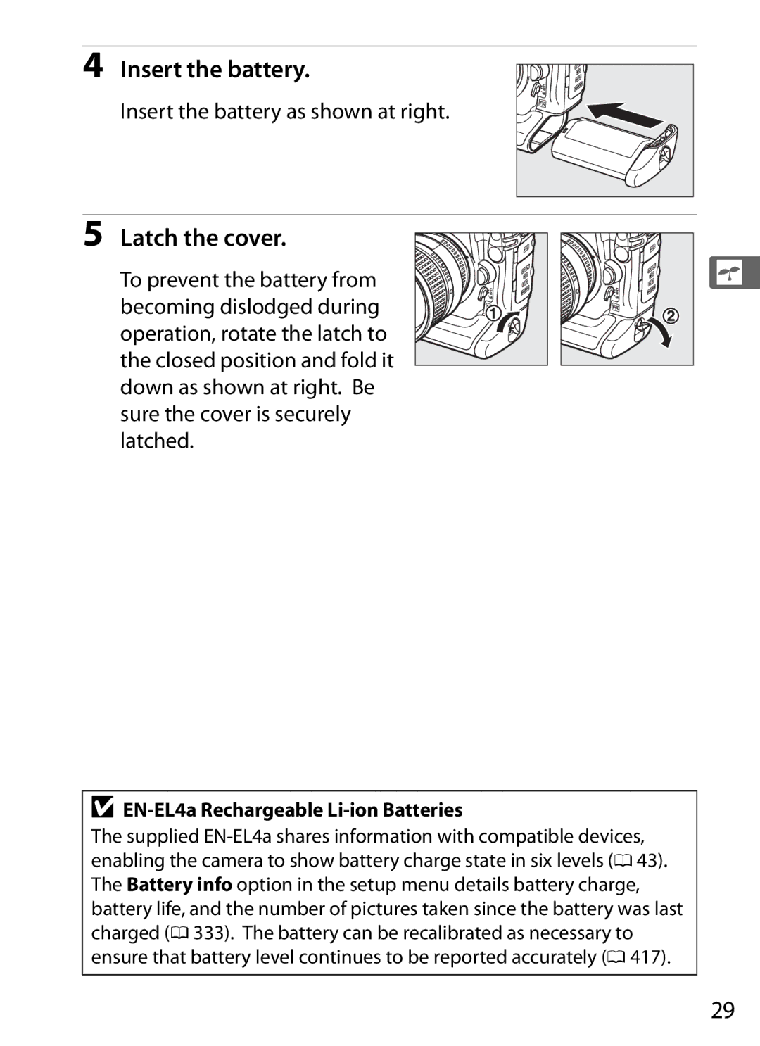 Nikon 6MB07411-03 Latch the cover, Insert the battery as shown at right, EN-EL4a Rechargeable Li-ion Batteries 