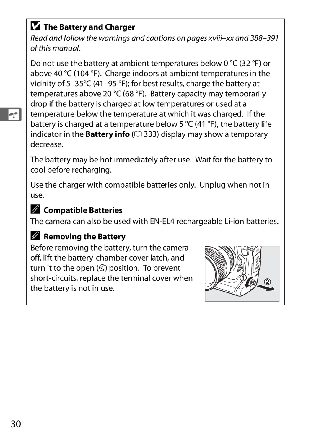 Nikon 6MB07411-03 user manual Battery and Charger, Compatible Batteries, Removing the Battery 