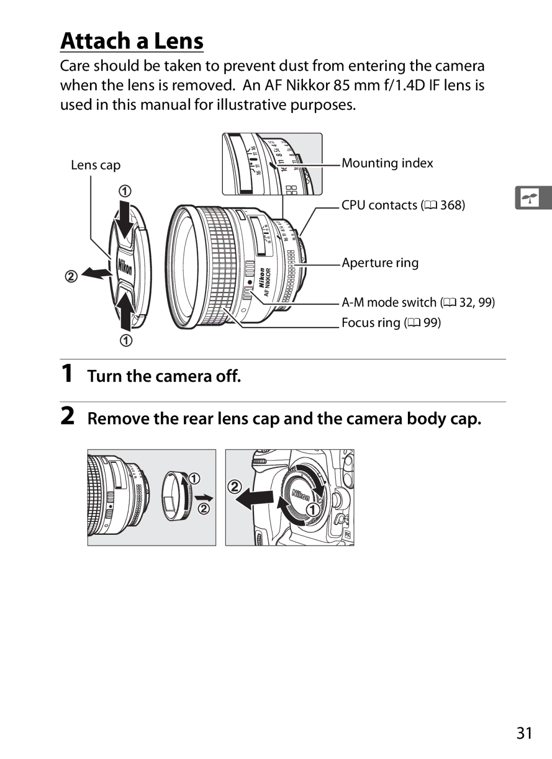 Nikon 6MB07411-03 user manual Attach a Lens 