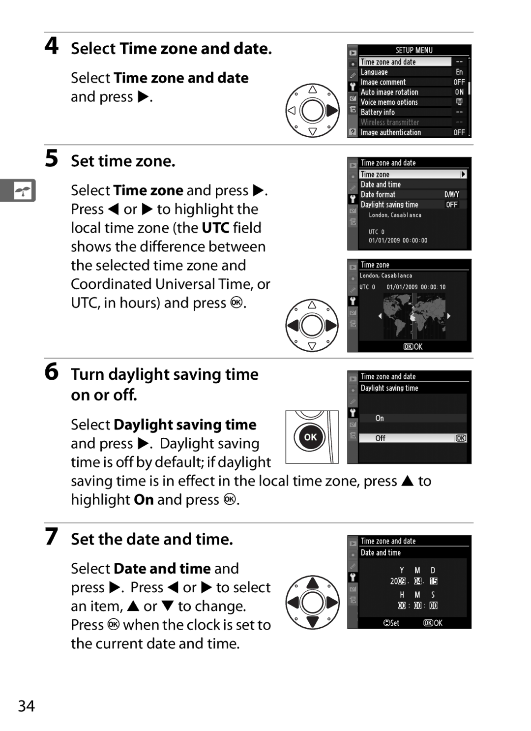 Nikon 6MB07411-03 Select Time zone and date, Set time zone, Turn daylight saving time on or off, Set the date and time 