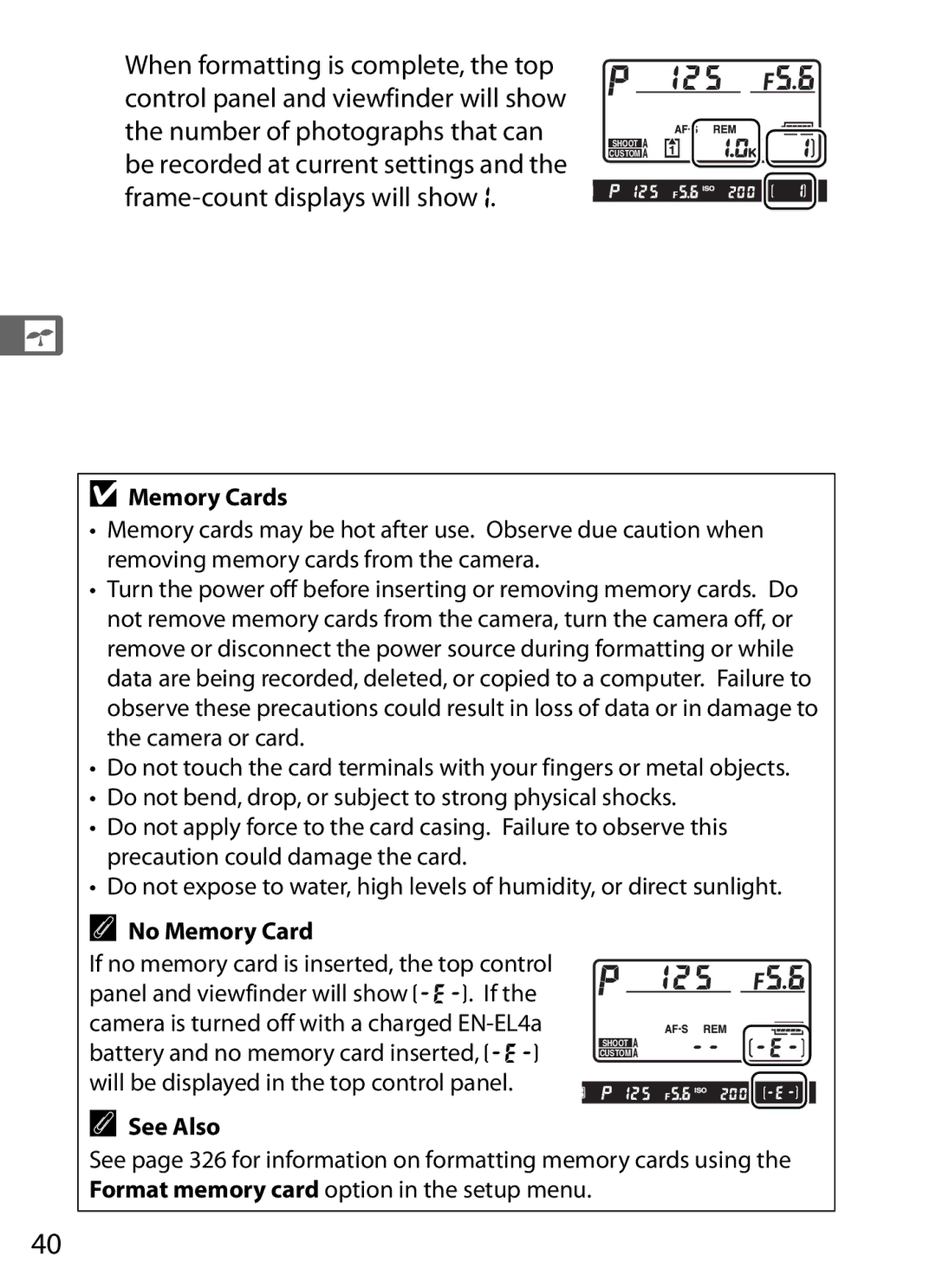 Nikon 6MB07411-03 user manual Memory Cards, No Memory Card 