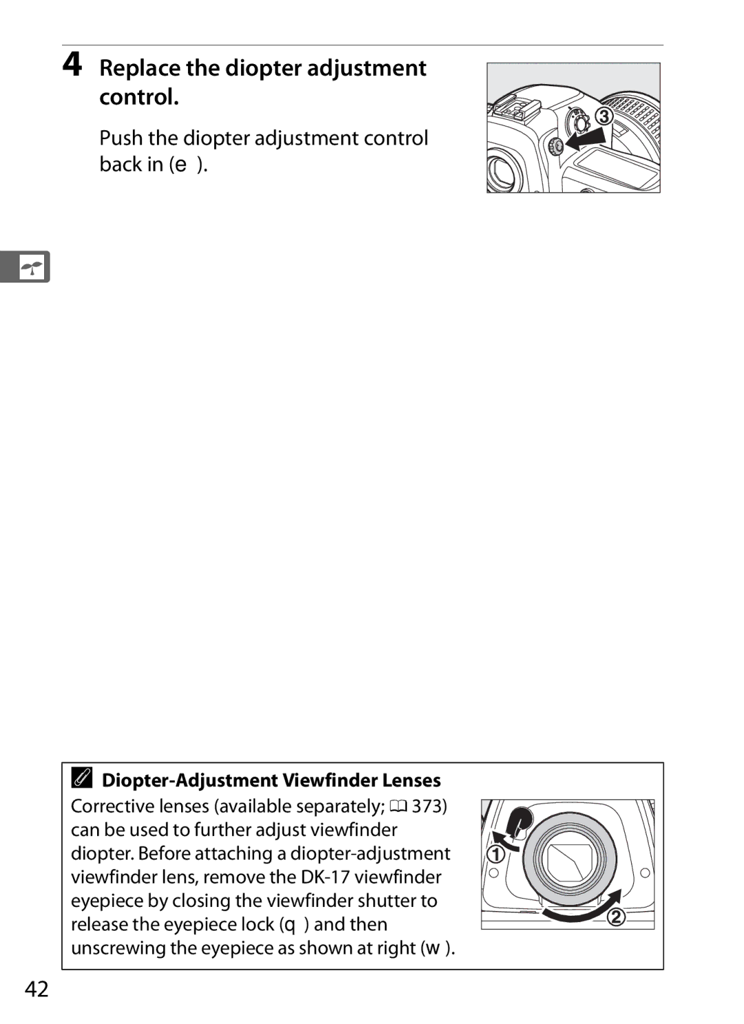 Nikon 6MB07411-03 user manual Replace the diopter adjustment control, Push the diopter adjustment control back in e 