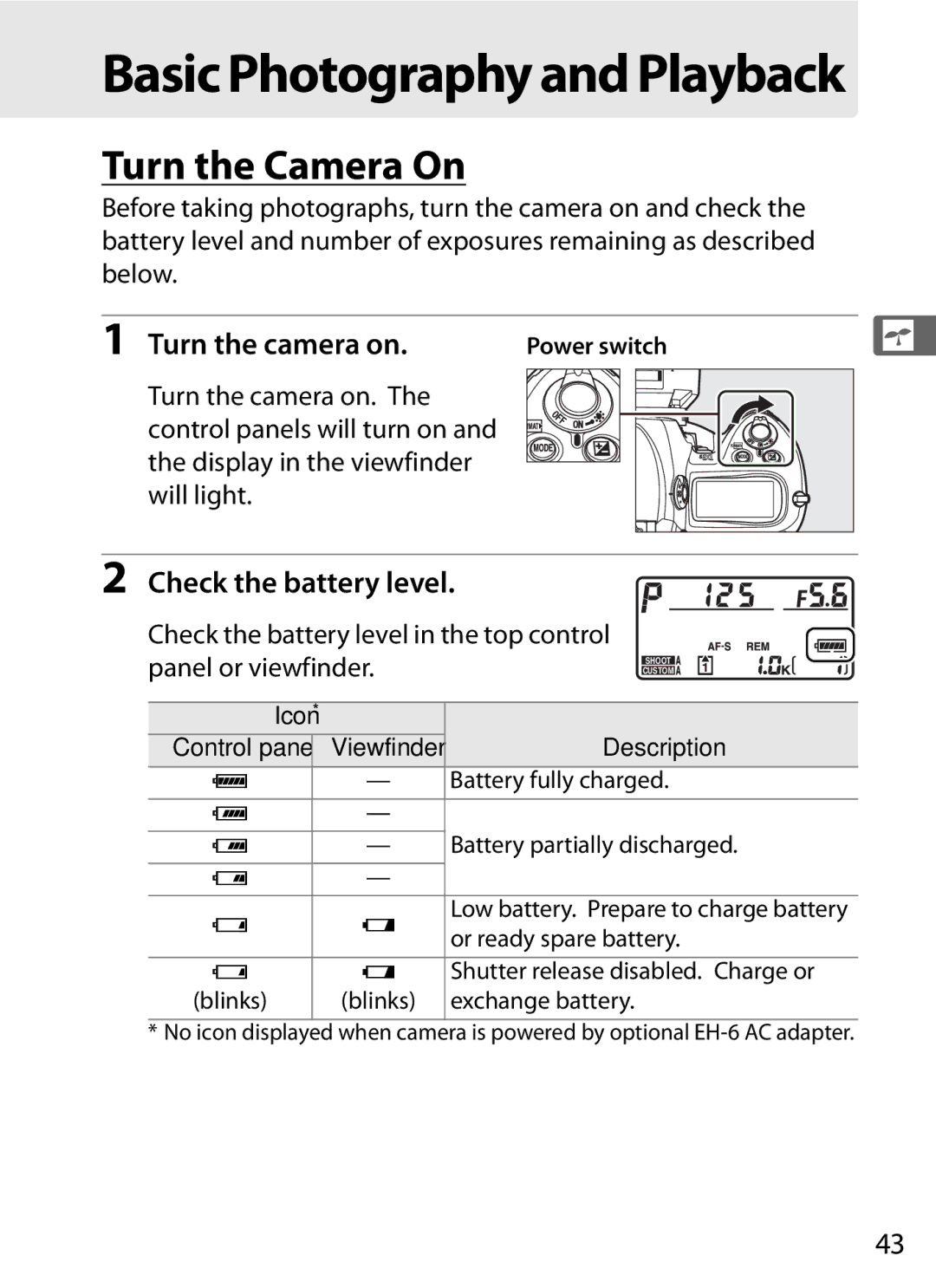 Nikon 6MB07411-03 user manual Turn the Camera On, Check the battery level, Description 