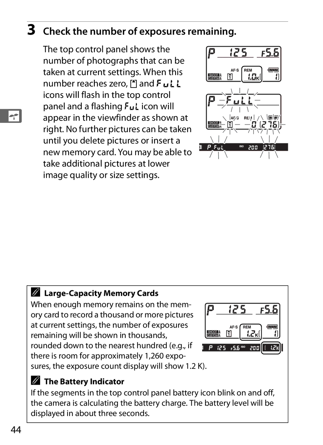 Nikon 6MB07411-03 Check the number of exposures remaining, Number reaches zero, Nand n, Large-Capacity Memory Cards 